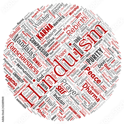 Vector conceptual hinduism, shiva, rama, yoga round circle red word cloud isolated background. Collage of mandalas, samsara, celebration, tradition, peace, compassion, rebirth, karma, dharma concept