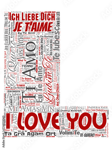 Vector conceptual sweet romantic I love you multilingual message letter font L red word cloud isolated background. Collage of valentine day, romance affection, happy emotion or passion lovely concept