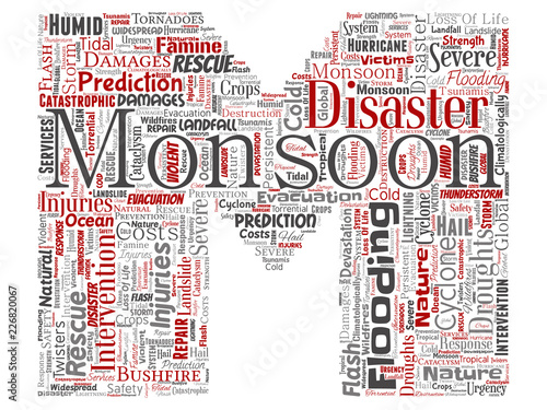 Vector conceptual monsoon dangerous weather letter font M red meteorology word cloud isolated background. Collage of tropical dramatic storm force, strong wind blowing, rain hail thunderstorm concept
