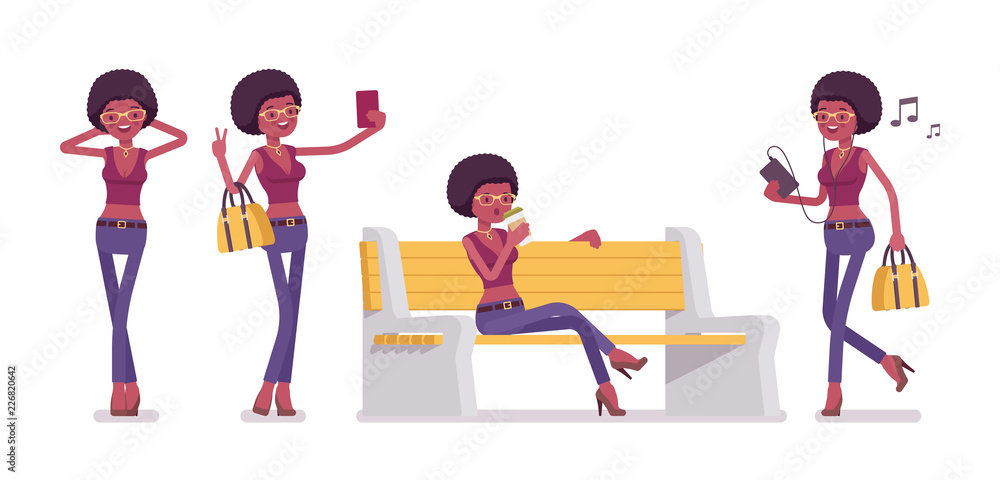 Young black woman with gadgets, sitting on a white bench