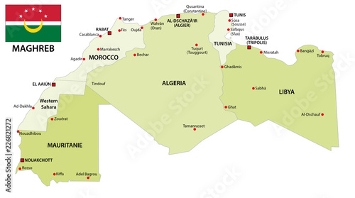 administrative and political vector map of the Maghreb states with flag