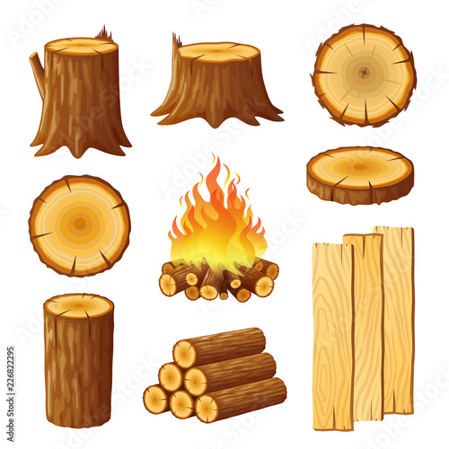 Set of logging, stumps and boards, woodpile. Logging icons isolated on white background. Vector illustration in flat style.
