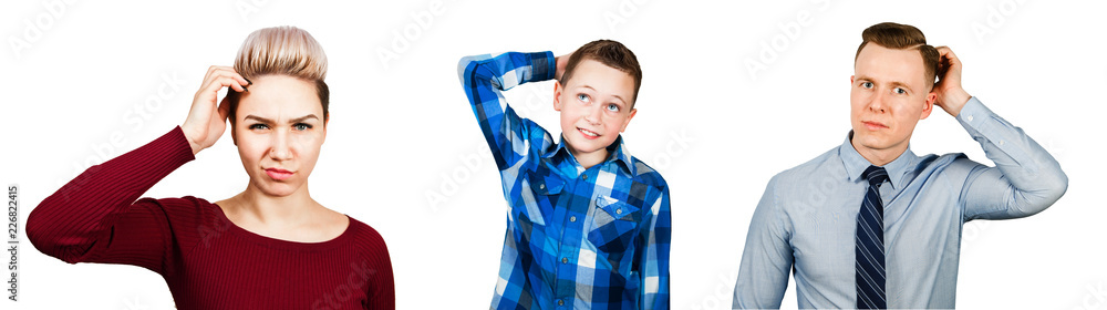 Set of portraits of young thinking people scratching head isolated on a white background. Set of portraits of young thinking people scratching head isolated on a white background.
