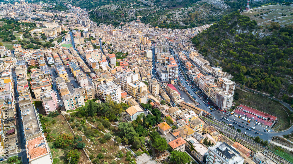 Aerial view. Modica  is a city and comune in the Province of Ragusa, Sicily, southern Italy.