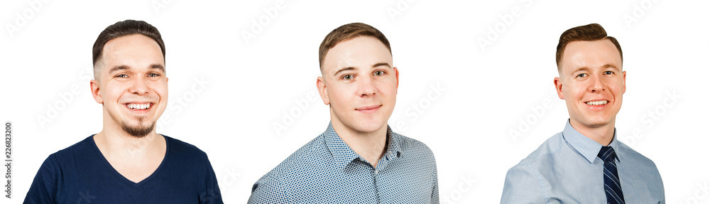 Set of portraits of young smiling people isolated on a white background. Set of portraits of young smiling people isolated on a white background.