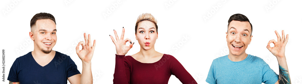 Set of portraits of young people showing ok sign isolated on a white background. Set of portraits of young people showing ok sign isolated on a white background.
