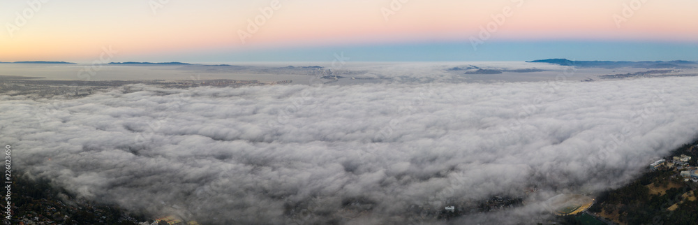 Aerial Panorama of Fog Drifting Over San Francisco Bay Area