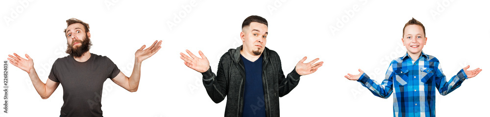 Set of portraits of young people with hands in the sides isolated on a white background. Set of portraits of young people with hands in the sides isolated on a white background.