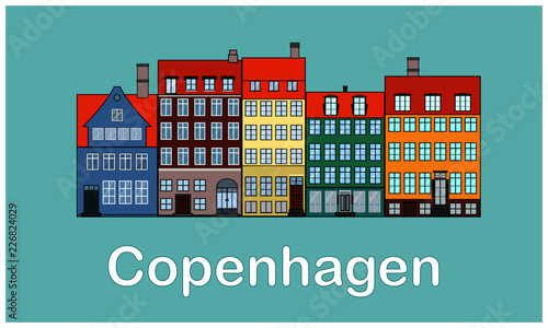 Photography Flat style vector illustration of the city of Copenhagen, Denmark with colorful buildings