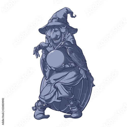 Old witch with her black raven holding a crystal ball and foretelling the future. Funny cartoon style character. Monochrome shaded linear drawing isolated on a white background. EPS10 vector.