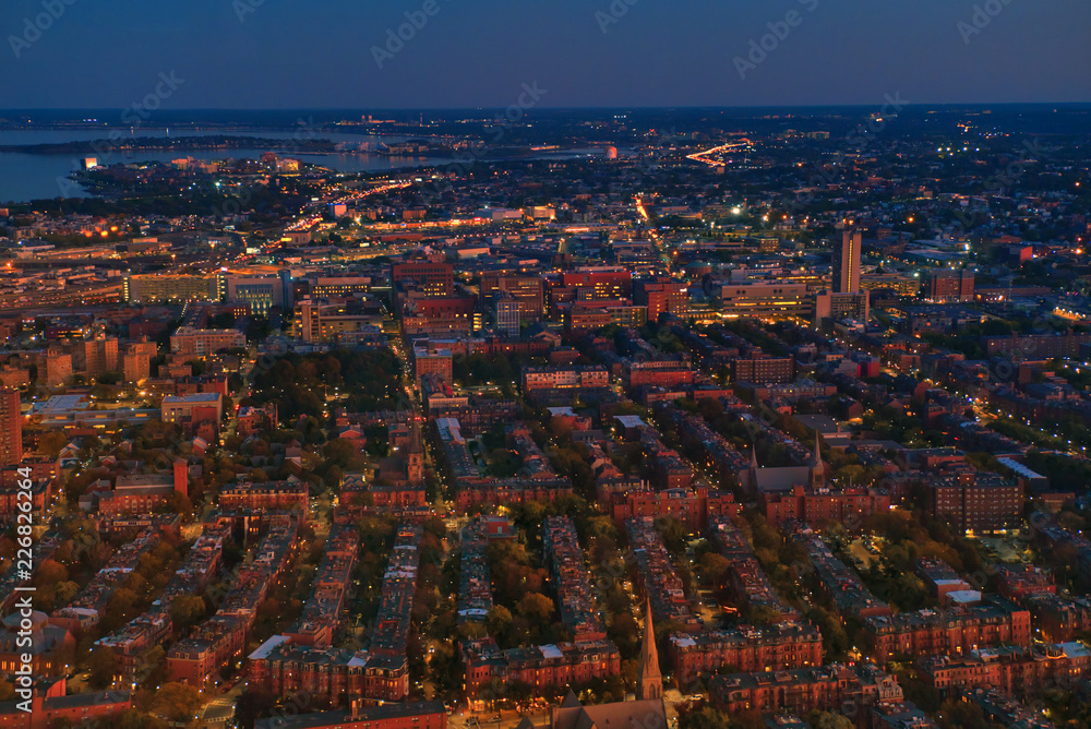 Aerial view of Boston skyline and Boston Massachusetts, USA at nightlight in auttumn