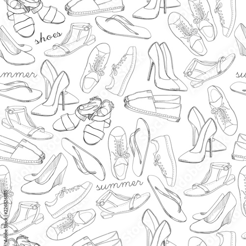 Hand drawn sketch seamless pattern of Shoes. Running shoes sneakers, boots, flip flops, boots, moccasins, loafer with lettering. Design element. Coloring book, Wrapping paper