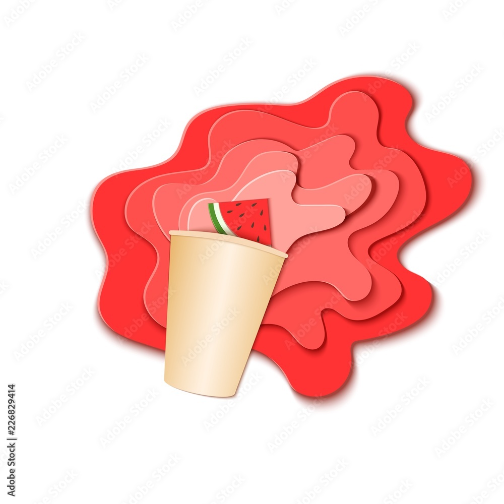 Obraz premium Paper cup with splash pouring juice. Bursts of watermelon juice in layers spread over the white background and a piece of juicy citrus in paper style. Vector illustration origami art
