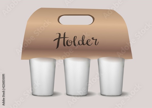 Coffee Cups Holder Set Vector. Realistic Mockup. Empty Packaging For Carrying.Three Cups. Hot Drink. Take Away Cafe Coffee Cups Holder Mockup. Isolated Illustration