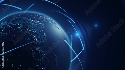 Animation of rotating Earth globe with view from cosmos. Realistic texture and lights on Globe surface. Satellites, lines and light beams. Animation of seamless loop.