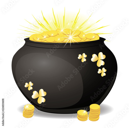 Money in a pot, the glitter of gold coins . A lot of coins in the container. Finance and business. isolated, white, vector