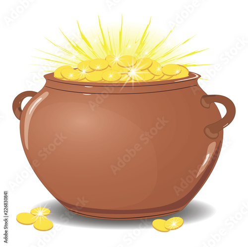 Money in a pot, the glitter of gold coins . A lot of coins in the container. Finance and business. isolated, white, vector