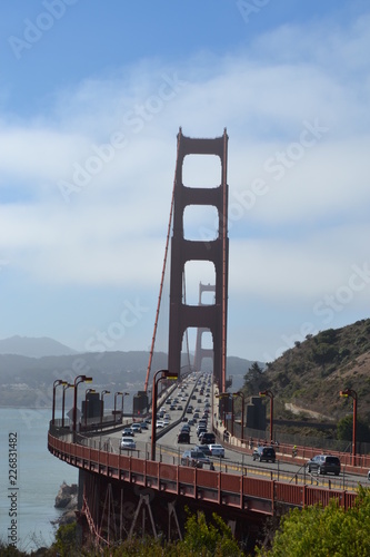 Golden gate bridge, tower structure, San Francisco,  suspension, steel, landmark, USA, poster, print, California, road bridge, travel, sky.,cars, road, transportation