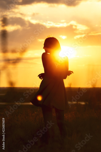 silhouette of a beautiful dreamy girl in a dress at sunset in a field, a young woman with her hair is enjoying nature,