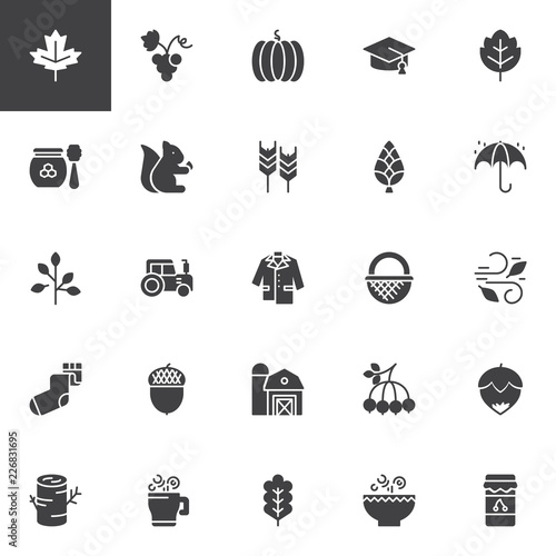 Autumn Elements vector icons set, modern solid symbol collection, filled style pictogram pack. Signs, logo illustration. Set includes icons as Maple leaf, Pumpkin, Honey, Squirrel, Wheat, Umbrella