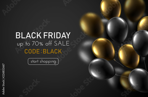 Black friday sale promo poster with gold and black shiny balloons.