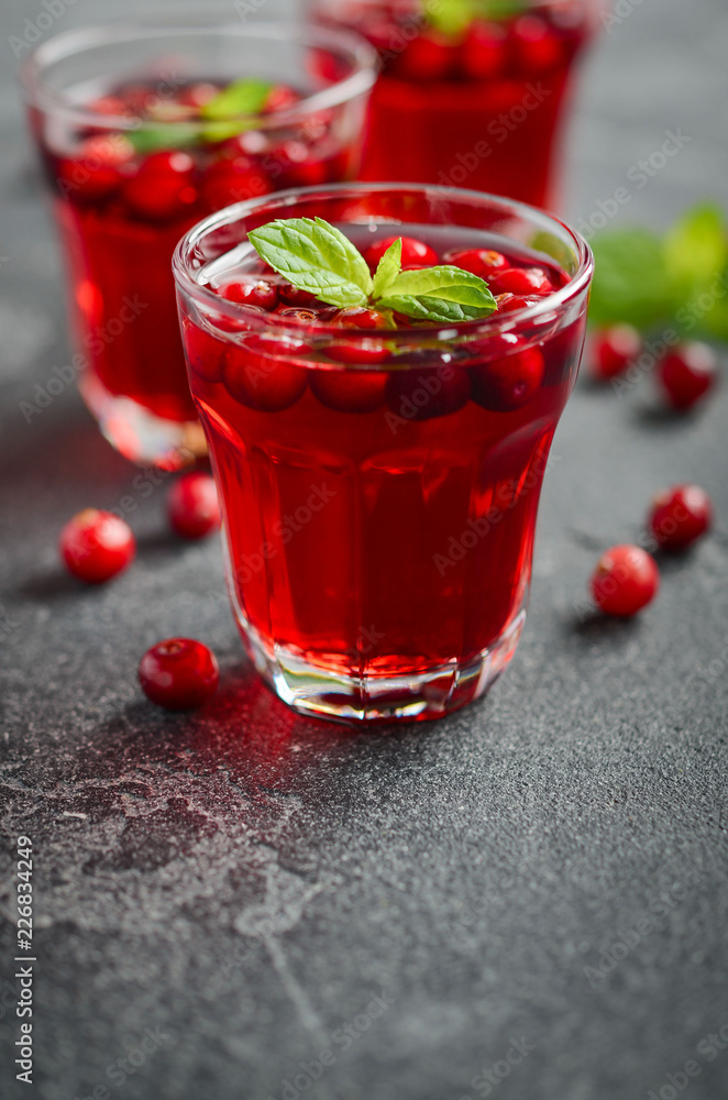Refreshing cocktail with cranberry and mint on dark concrete background Refreshing cocktail with cranberry and mint on dark concrete background