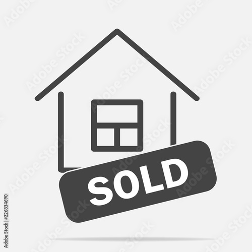 Sold house vector icon on gray background. Business illustration with shadow. Layers grouped for easy editing illustration. For your design.