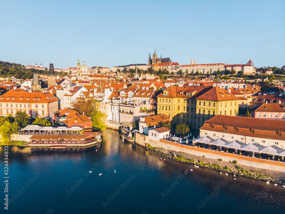 Obraz premium aerial view on sunrise of charles bridge in prague