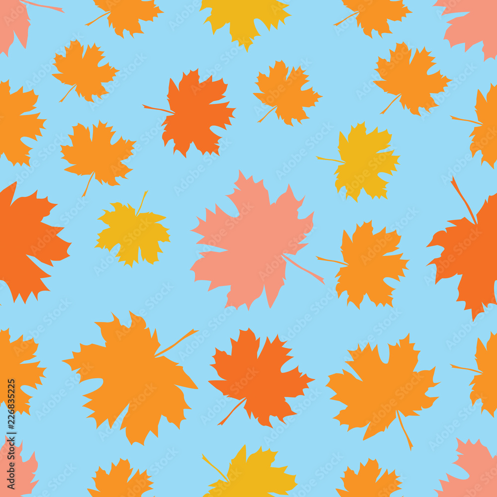 Seamless pattern with autumn maple leaves. Yellow, orange and pink leaves on light blue background. Vector illustration Seamless pattern with autumn maple leaves. Yellow, orange and pink leaves on light blue background. Vector illustration