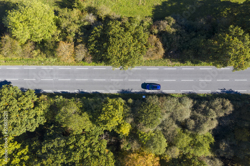 Aerial view of a car driving on a road through a forest