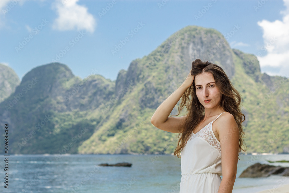 Beautiful amazing nature background. Tropical blue sun sea in Philippines . Luxury holiday resort. Island coral reef. Fresh freedom. Adventure day. Coconut paradise. Woman has long dress