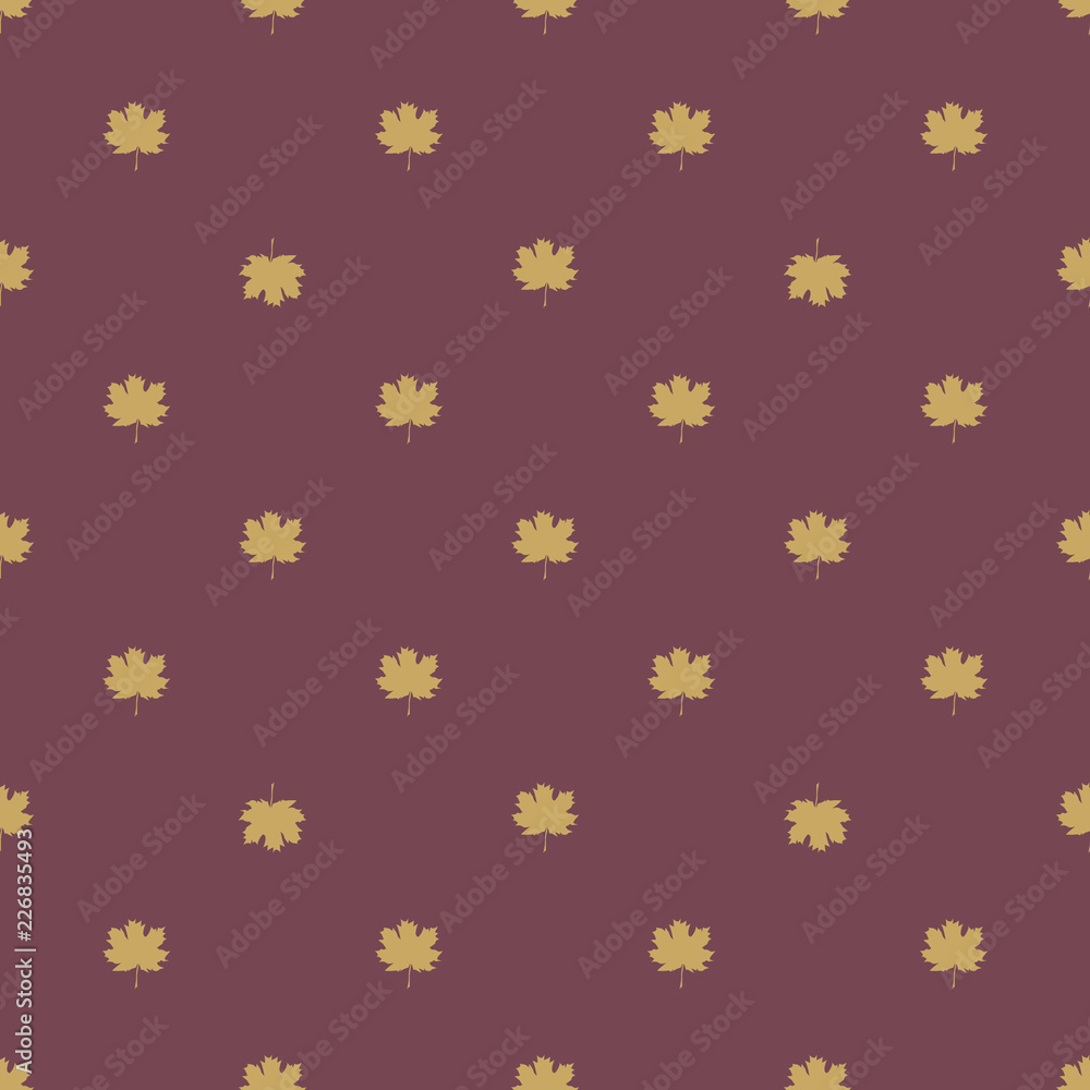 Seamless pattern with autumn maple leaves.  Golden leaves on lilac background. Vector illustration