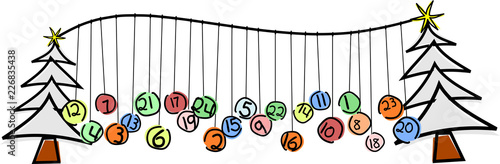 Adventskalender hängt zwischen zwei schneebedeckten Tannen