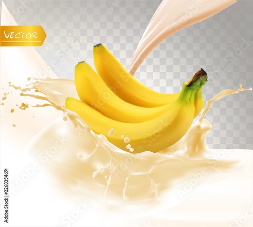 Banana juice. Fresh fruit and splash, 3d realistic vector icon