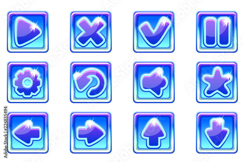 Vector blue square collection set glass buttons for Ui
