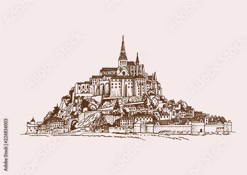 Graphical vintage Mont Saint -Michel medieval castle illustration , French sightseeing,vector