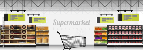 Interior scene of modern supermarket with products background , vector , illustration