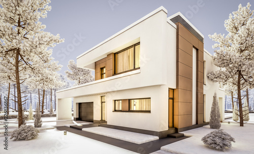 3d rendering of modern cozy house with garage for sale or rent with many snow on lawn. Cool winter evening with cozy warm light from windows © korisbo