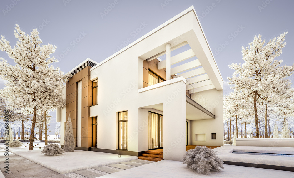 3d rendering of modern cozy house with garage for sale or rent with many snow on lawn. Cool winter evening with cozy warm light from windows