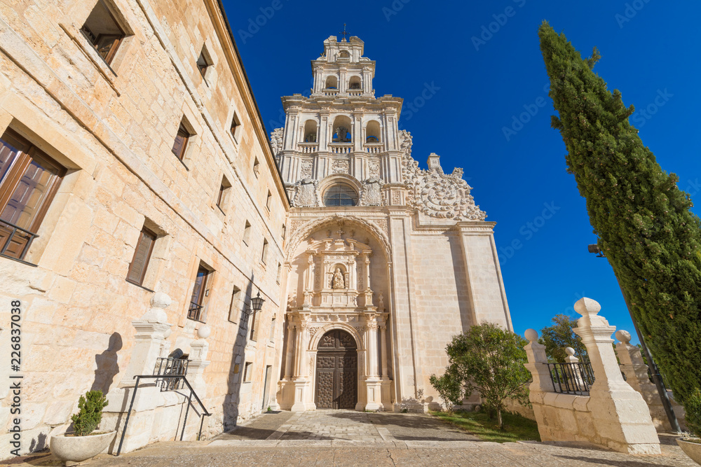 facade of church in Monastery Santa Maria de la Vid, landmark and monument from twelfth century, in Burgos, Castile and Leon, Spain, Europe