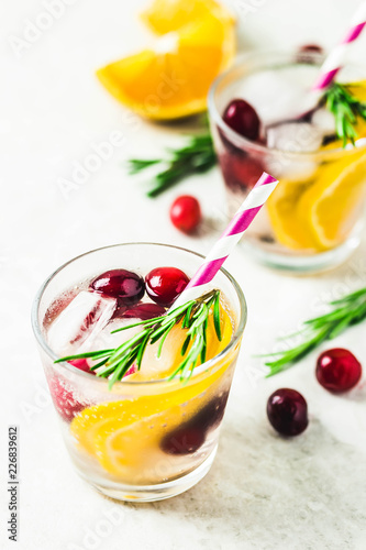 Citrus cranberry rosemary cocktail. Selective focus, space for text.