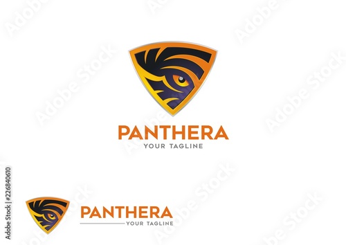 Vector illustration of tiger skin pattern with watching eyes inside shield shape photo