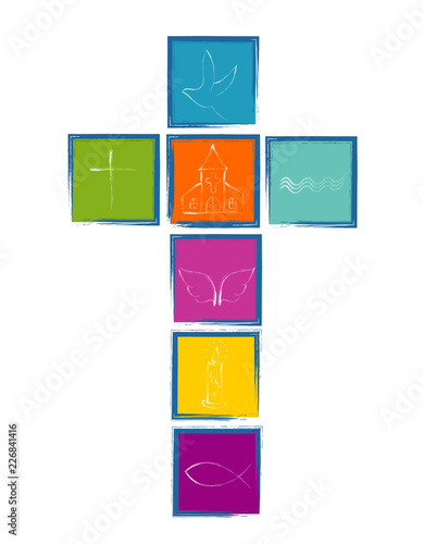 Christian cross with religious symbols. Cross with colorful squares Christian symbols