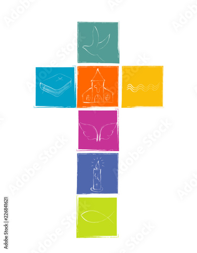 Isolated cross with Christian symbolism. White Christian symbols with squares in various bright colors. Religious sign