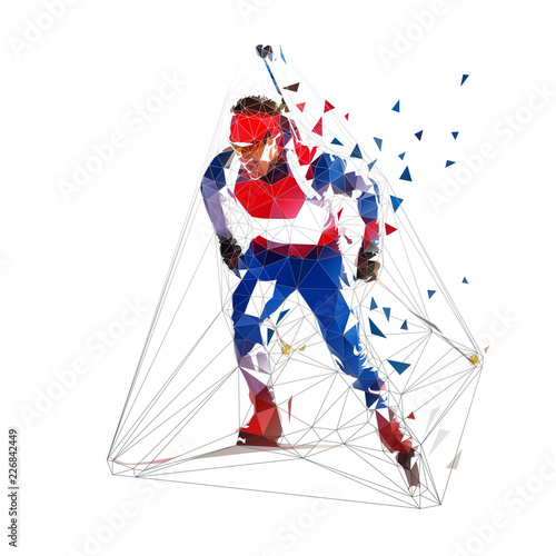 Biathlon skiing, low polygonal skier in blue jersey. Isolated vector illustration