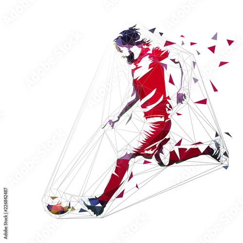 Football player in red jersey running with ball, abstract low poly vector drawing. Soccer player kicking ball. Isolated geometric colorful illustration, side view