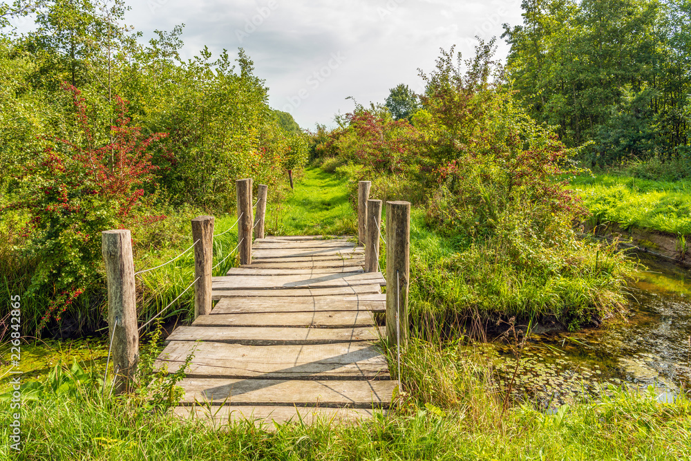 Simple wooden bridge of wooden planks and round beams Simple wooden bridge of wooden planks and round beams