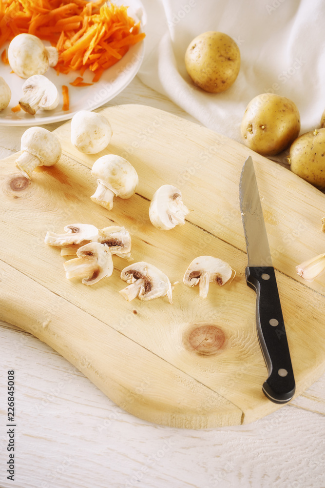 Ingredients for soup, sliced mushrooms Ingredients for soup, sliced mushrooms