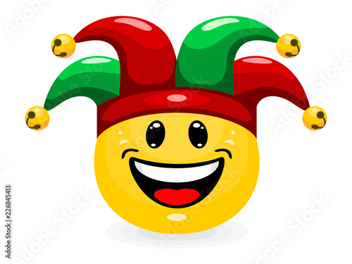 Cute emoticon in jester hat. Smiley in cartoon style isolated on white background