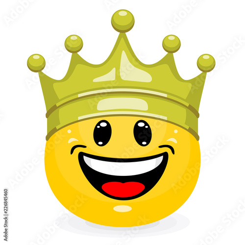 Cute emoticon in gold king crown. Smiley in cartoon style isolated on white background
